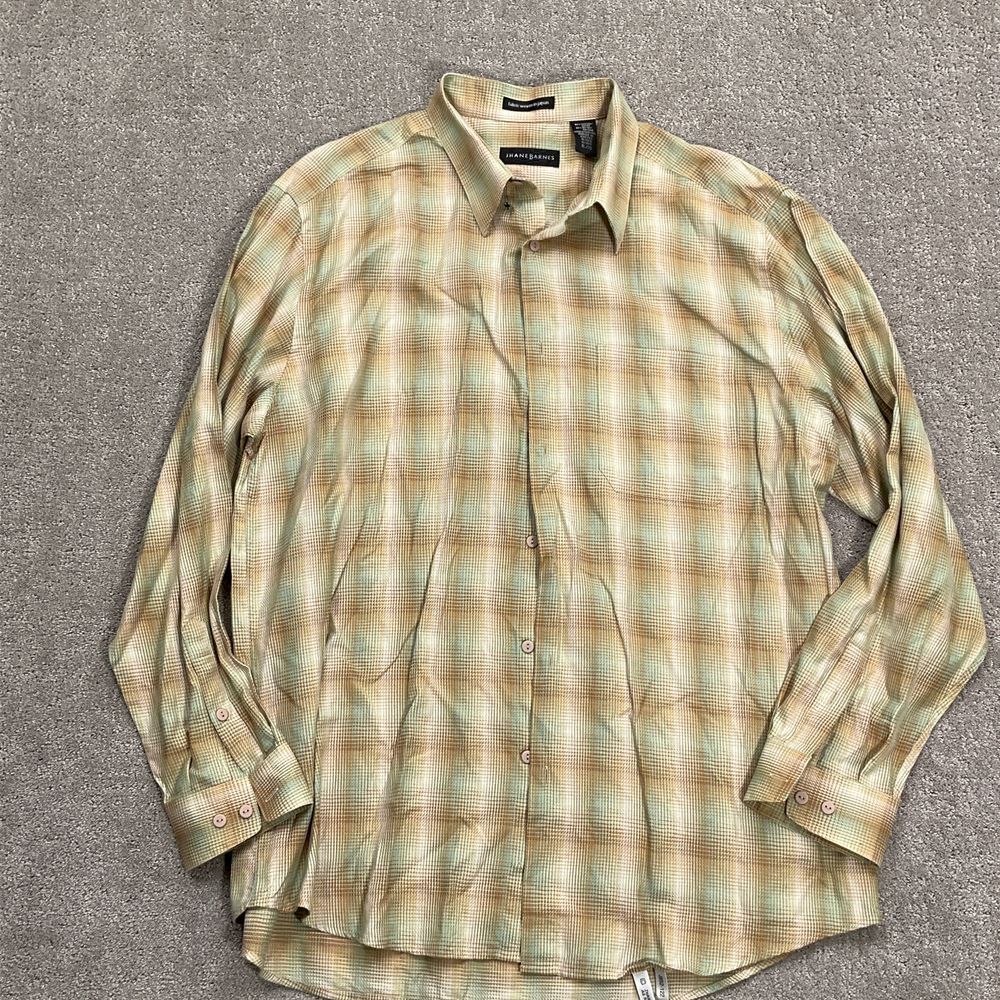 Jhane Barnes Shirt Men XL Tan Green Ombre Plaid Japanese Woven Cotton VTG